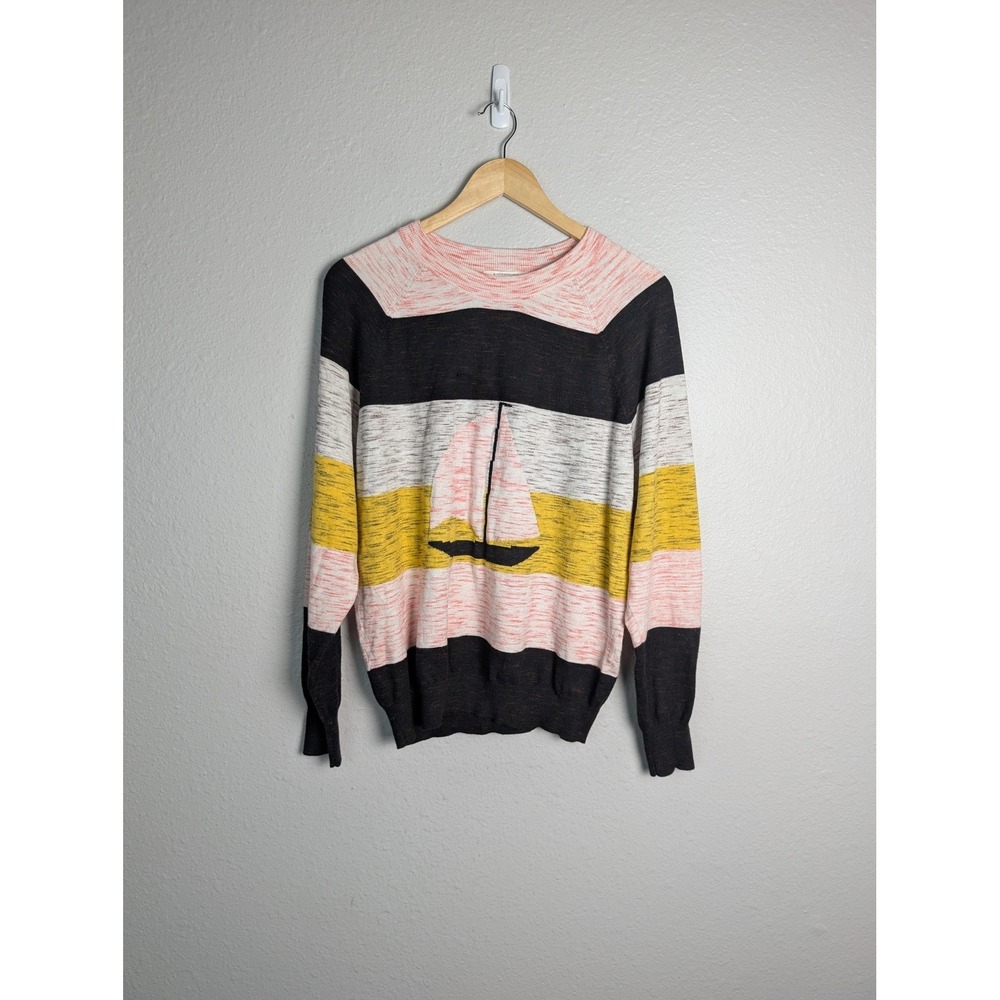 Anthropologie Sweater Pullover Womens L Multicolor‎ Crew Neck Striped Pleated